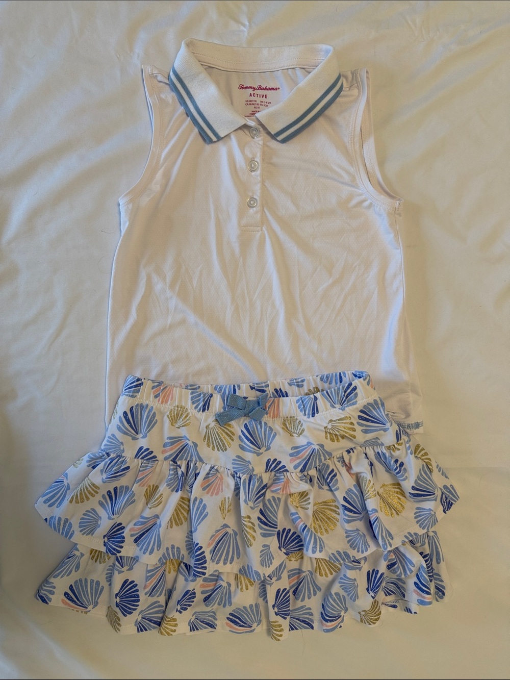 Tommy Bahama Girls White Polo Tank & Blue Shell-Print Ruffle Skirt Set